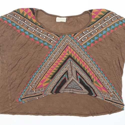 WkShp Women's Brown Aztec Geometric Cropped T-Shirt in Rayon Blend Size S