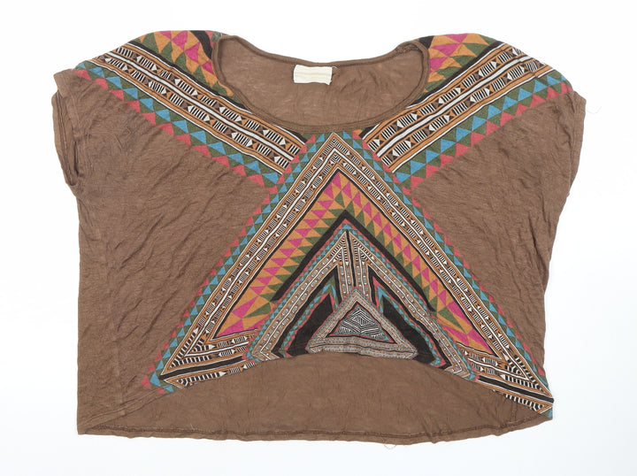 WkShp Women's Brown Aztec Geometric Cropped T-Shirt in Rayon Blend Size S