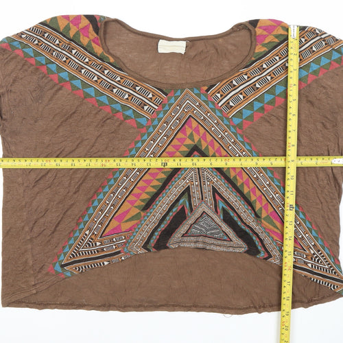 WkShp Women's Brown Aztec Geometric Cropped T-Shirt in Rayon Blend Size S