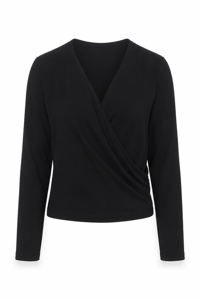 Front view of Zara Women Black Wrap Long Sleeve Blouse, size M