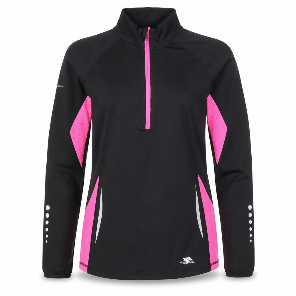 Front view of Trespass women’s black pink 1/2 zip pullover sweatshirt, size M