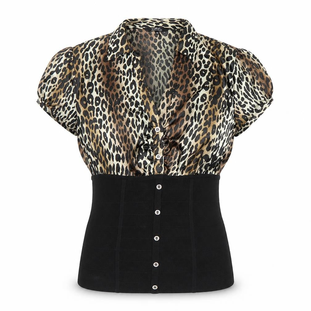 Front view of Star by Julien Macdonald Leopard Print Collared Blouse Women’s, size UK 16