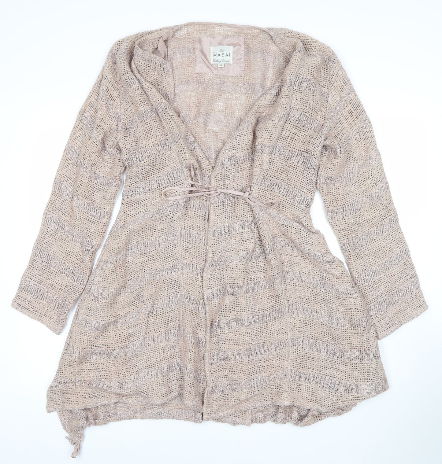 Masai Women Beige Open-Knit Belted Cardigan Size S Lightweight