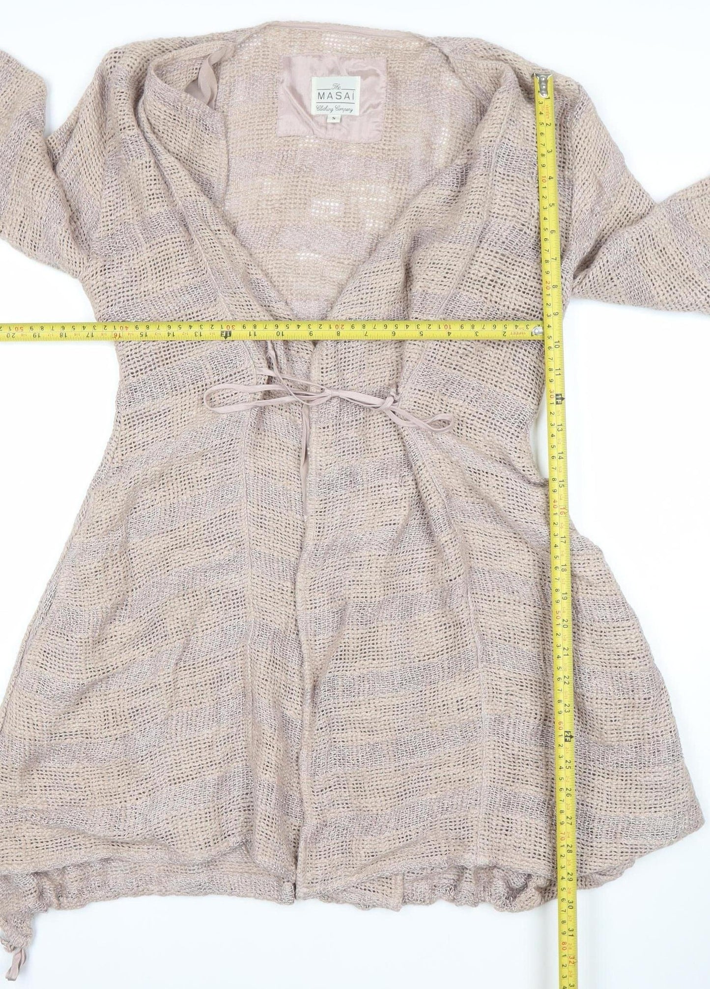 Masai Women Beige Open-Knit Belted Cardigan Size S Lightweight