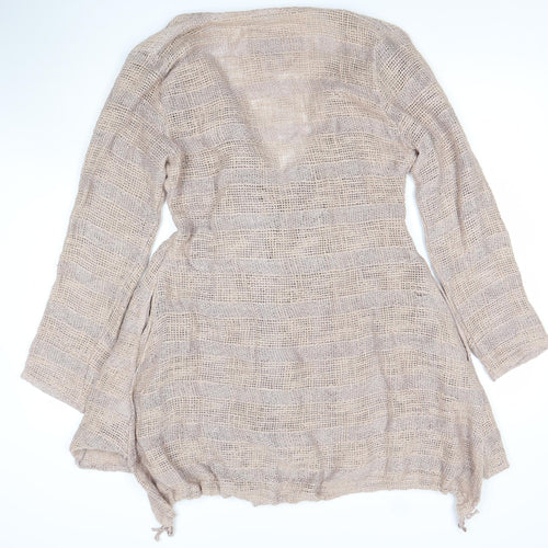 Masai Women Beige Open-Knit Belted Cardigan Size S Lightweight