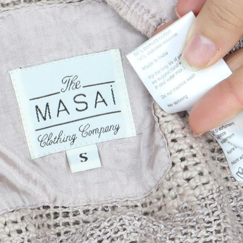 Masai Women Beige Open-Knit Belted Cardigan Size S Lightweight