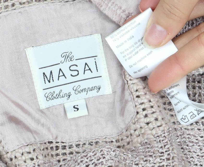Masai Women Beige Open-Knit Belted Cardigan Size S Lightweight