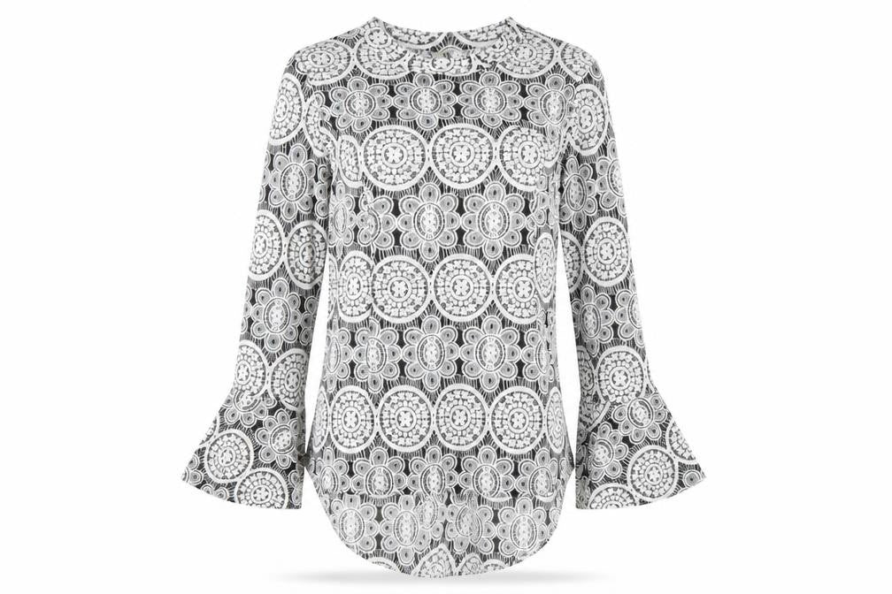 Front view of Stella Morgan Women's Multicoloured Geometric Long Sleeve Tunic Blouse, size 10
