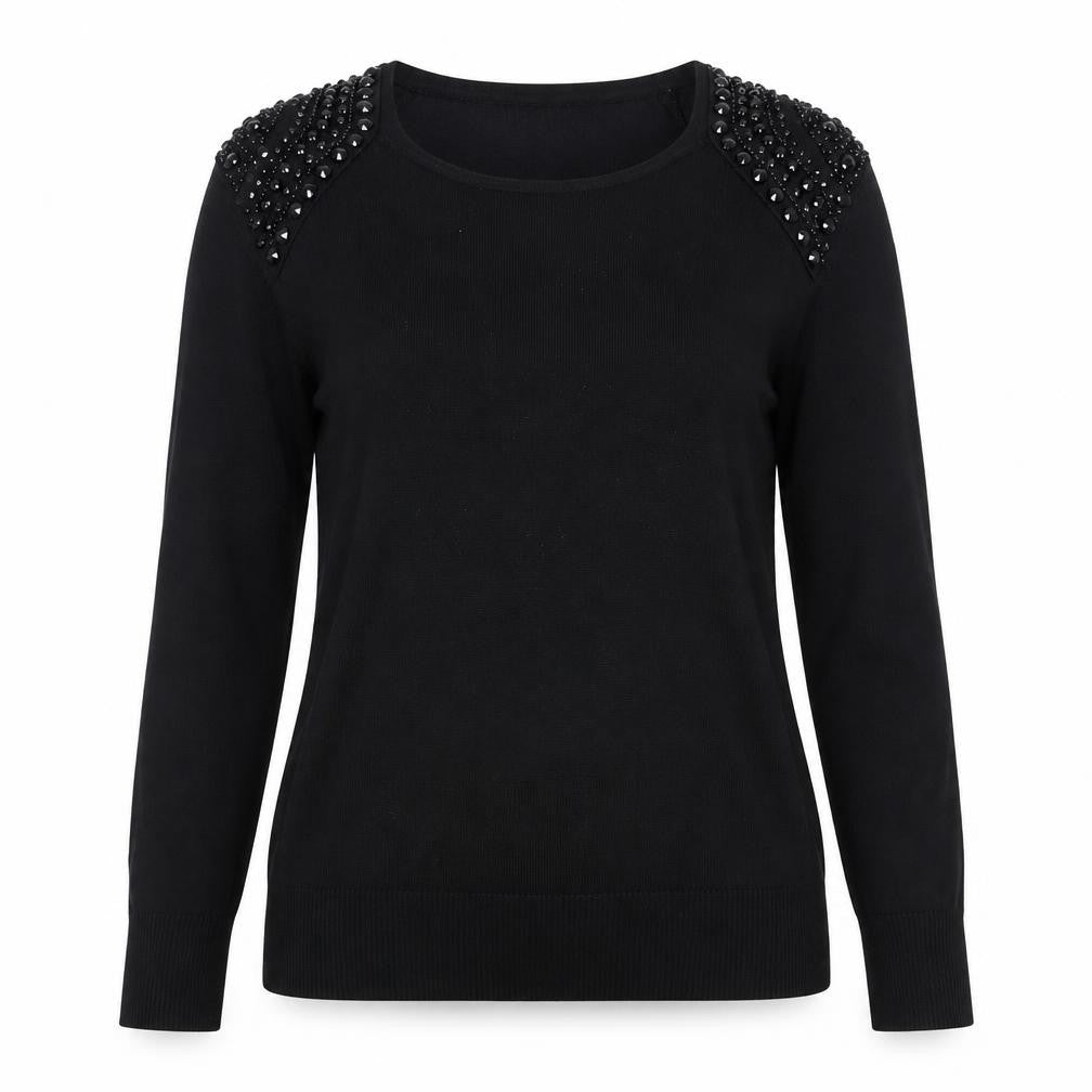 Front view of Dunnes Women Black Beaded Scoop Neck Jumper, size 14