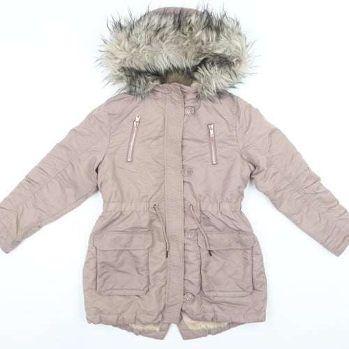 Next Girls Beige Faux Fur Hooded Long Parka Coat 8 Years