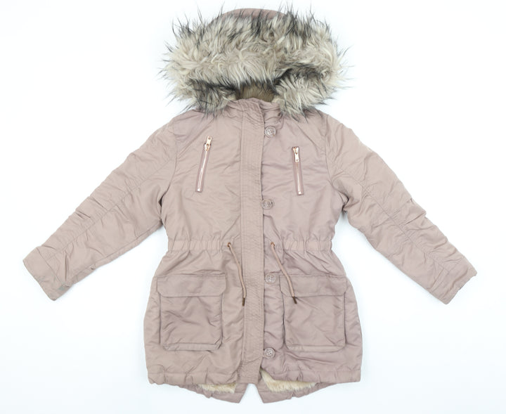 Next Girls Beige Faux Fur Hooded Long Parka Coat 8 Years