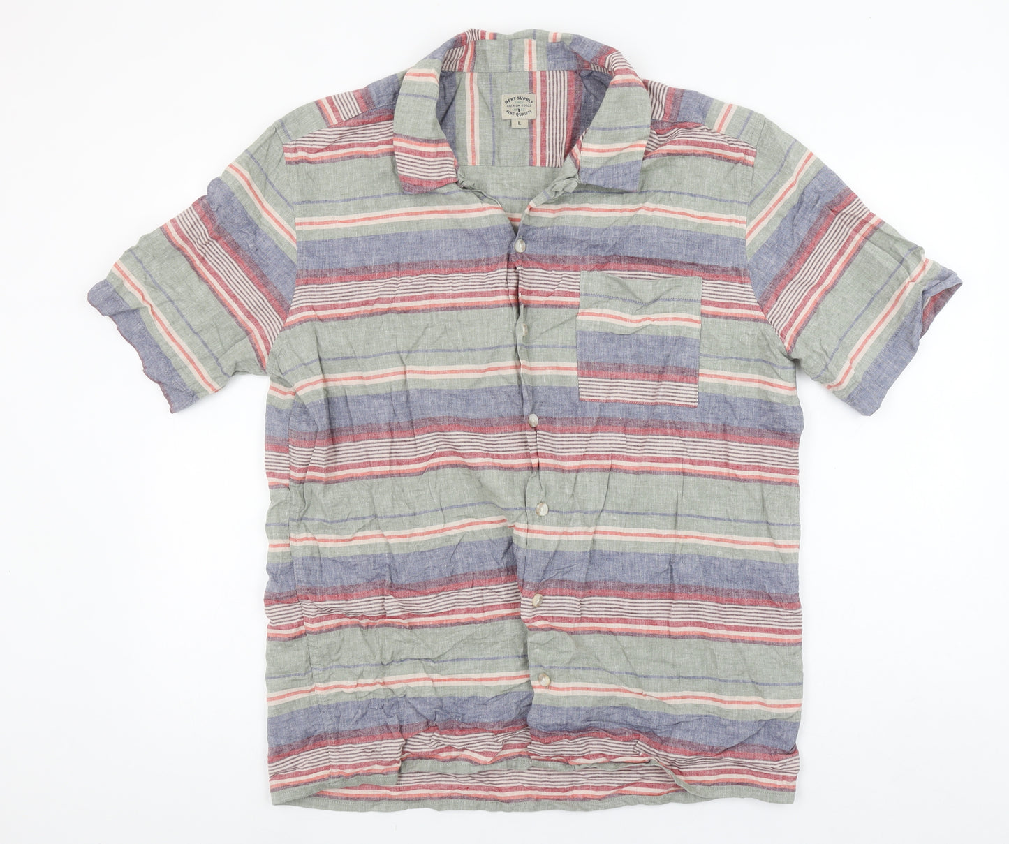 Next Men’s Multicoloured Striped Linen Blend Short Sleeve Button-Up Shirt L
