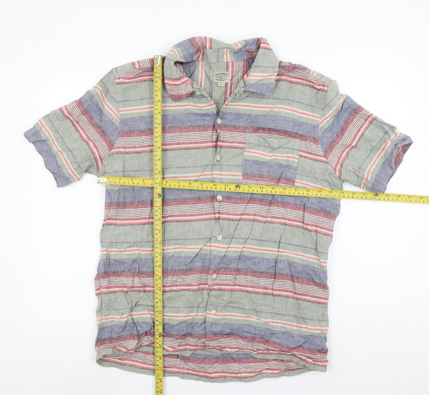 Next Men’s Multicoloured Striped Linen Blend Short Sleeve Button-Up Shirt L