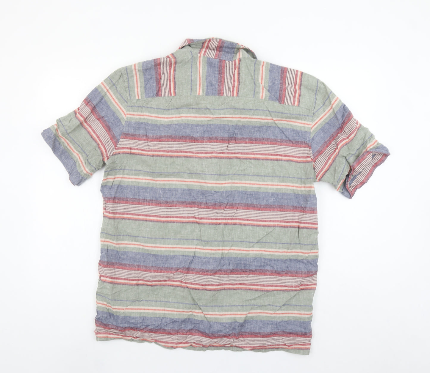 Next Men’s Multicoloured Striped Linen Blend Short Sleeve Button-Up Shirt L
