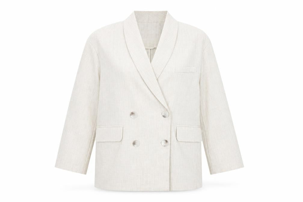 Front view of LEDIN Women's Beige Shawl Lapel Double Breasted Blazer, size S
