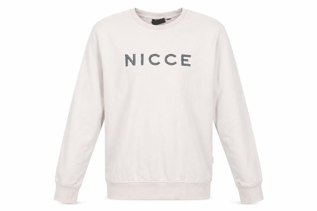 Front view of NICCE Men's Beige Logo Sweatshirt, size M, Pullover Crew Neck