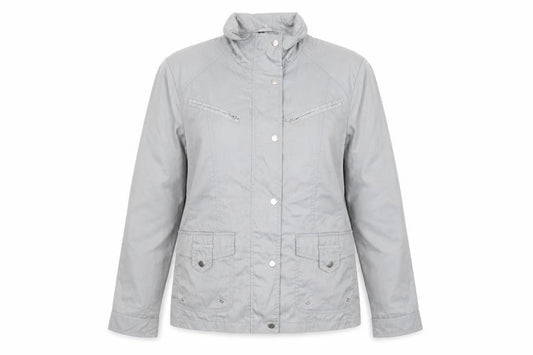 Front view of Finesse women’s grey, size UK 12, lined zip button mid-length jacket