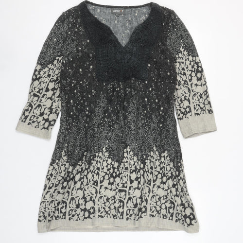 Apricot Women’s Grey Floral Knit Shift Dress L 3/4 Sleeve Bohemian Style
