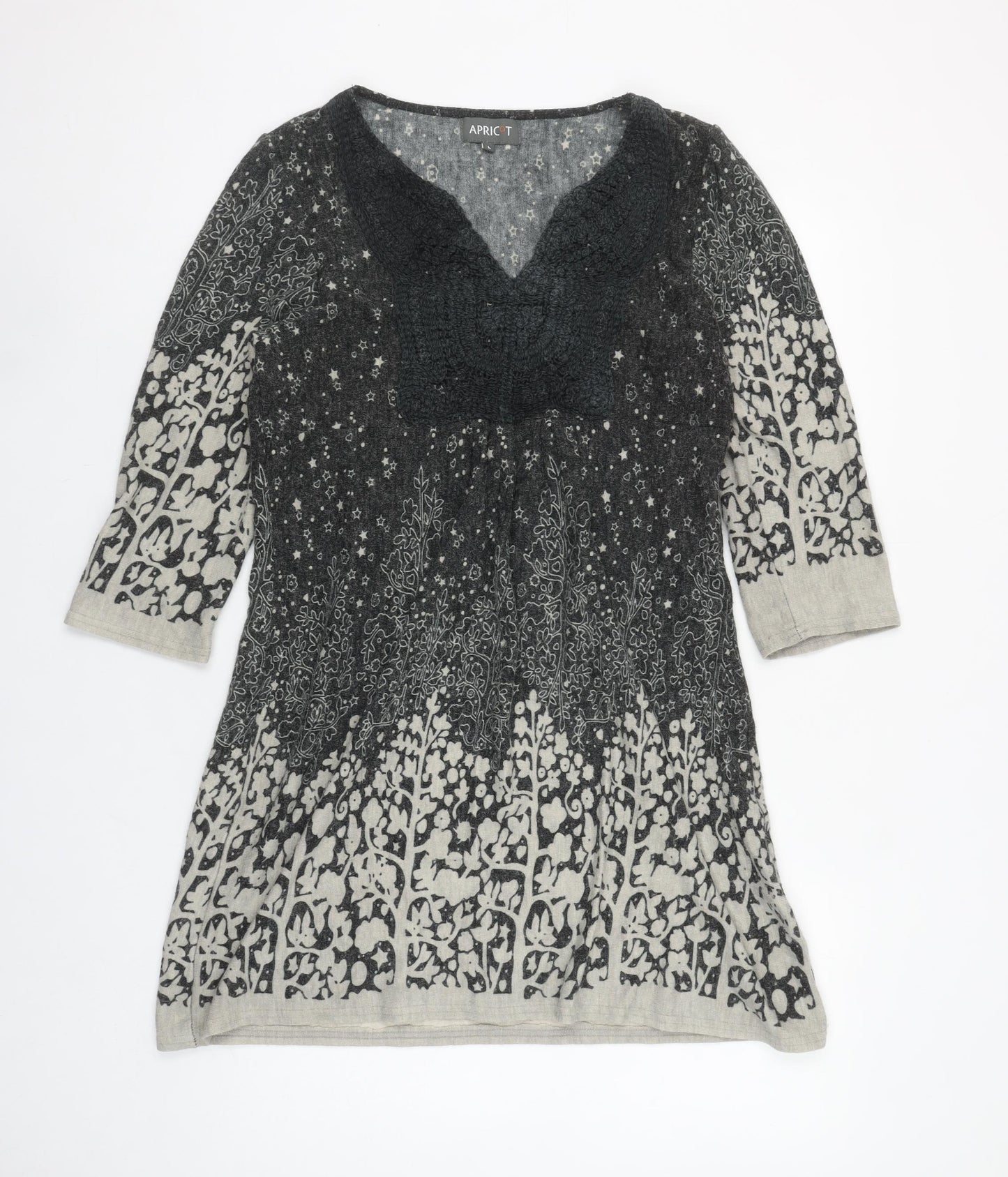 Apricot Women’s Grey Floral Knit Shift Dress L 3/4 Sleeve Bohemian Style