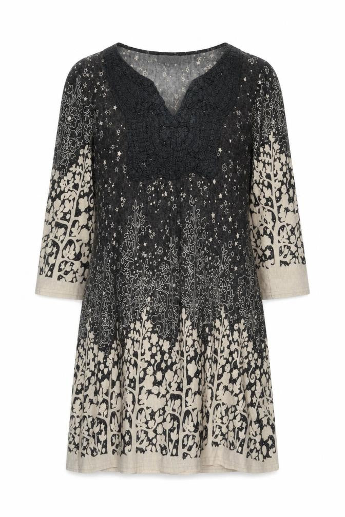Apricot Women’s Grey Floral Knit Shift Dress L 3/4 Sleeve Bohemian Style