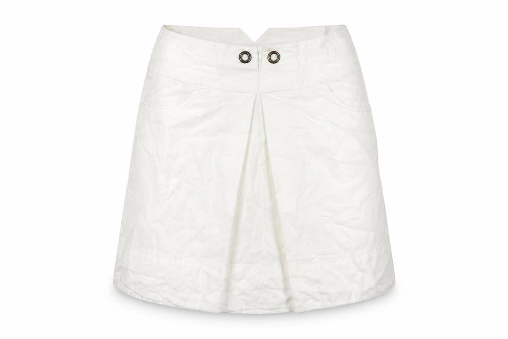 Front view of Savida Women's Ivory Linen A-Line Short Skirt, size 14