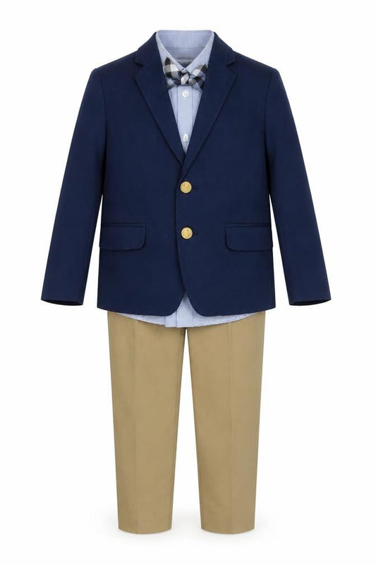 Front view of IZOD boys’ blue & khaki 4 piece outfit set, size 5, regular cotton blend formal