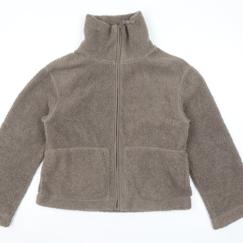 H&M Women Brown Fleece Zip Jacket Size 12 Winter Casual