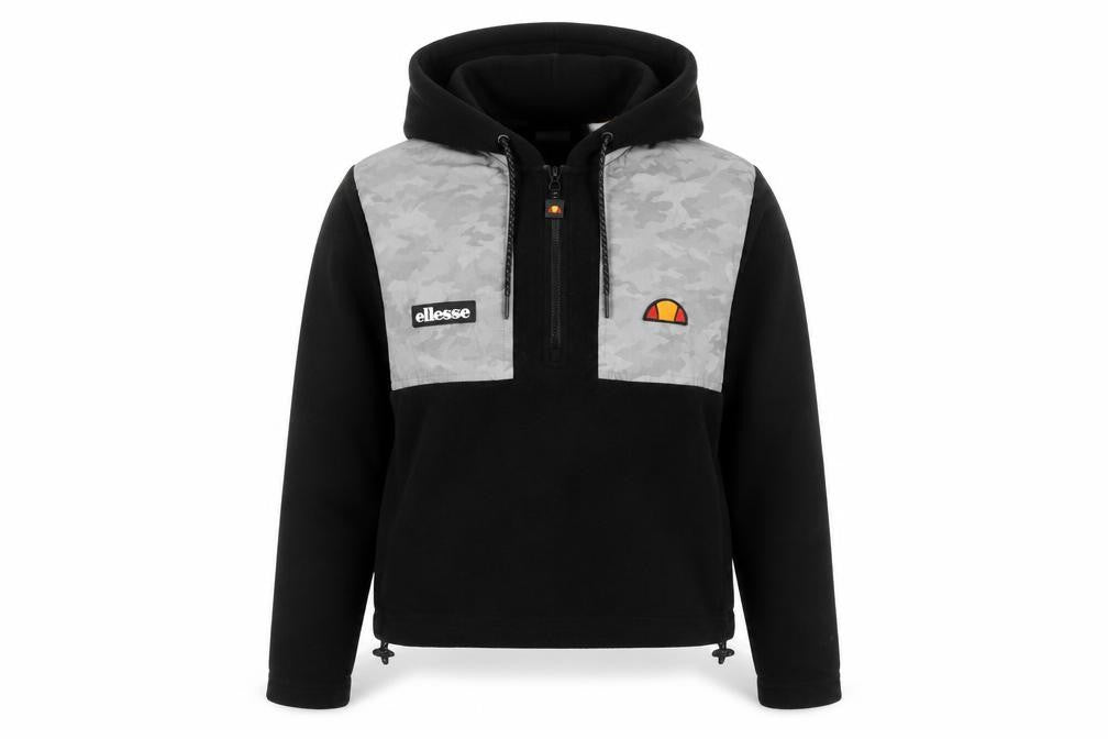 Front view of Ellesse women’s black & grey 1/2 zip hooded pullover, size UK 10, fleece sweatshirt