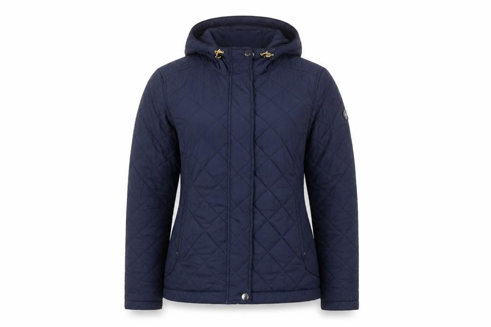 Front view of TOG24 women’s navy quilted hooded jacket, size UK 12-14