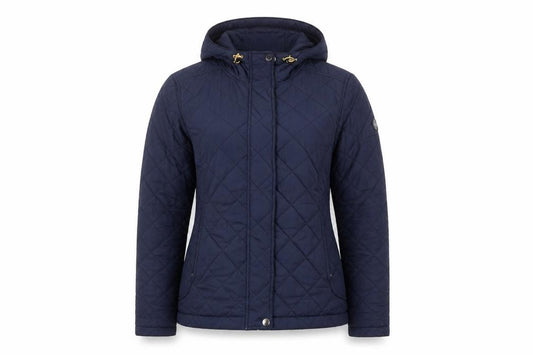 Front view of TOG24 women’s navy quilted hooded jacket, size UK 12-14