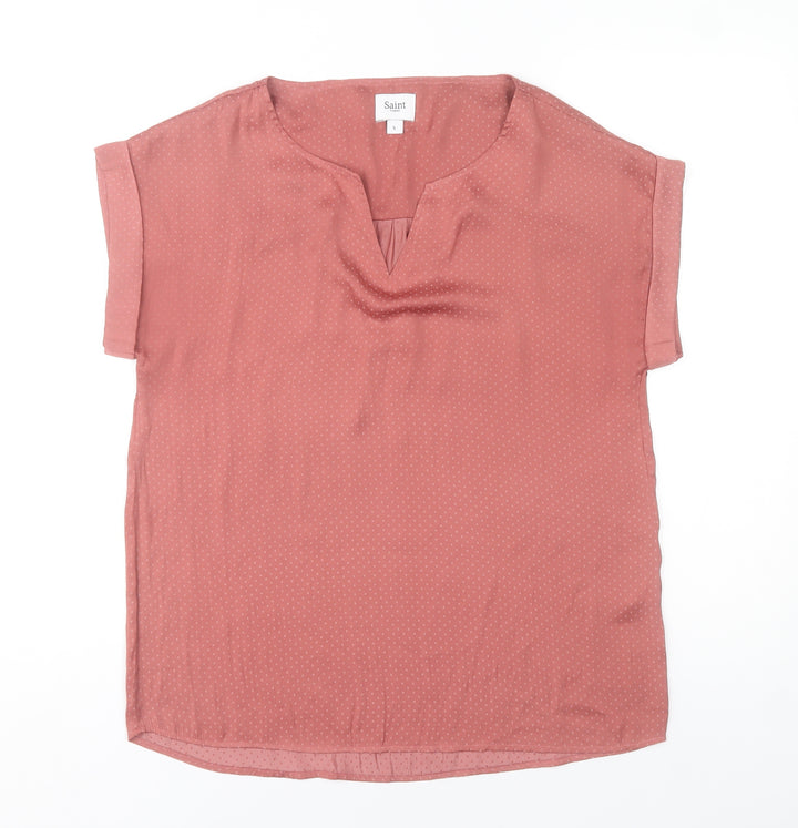 Saint Tropez Women's Pink Polka Dot V-Neck Short Sleeve Blouse Size S