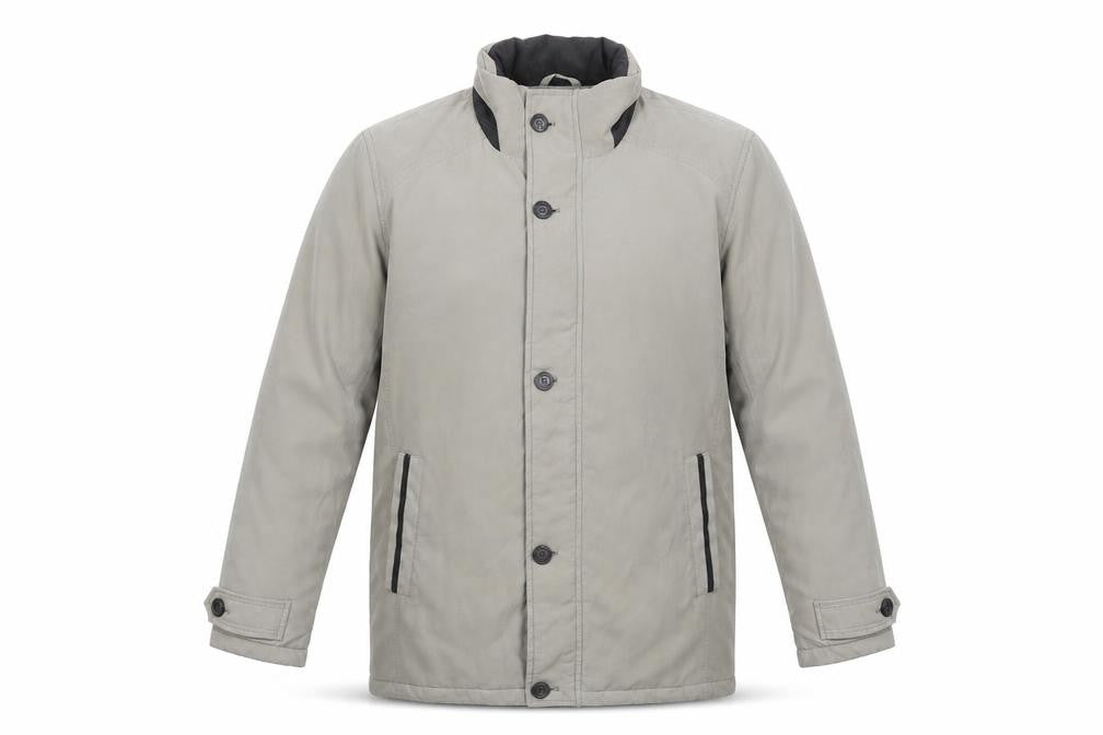 Front view of Frank Eden Men's Beige 38R Mid-Length Button Jacket