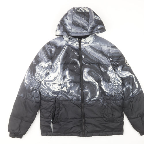 Hype Boys Black Marble Hooded Puffer Jacket 14 Years Winter Polyester