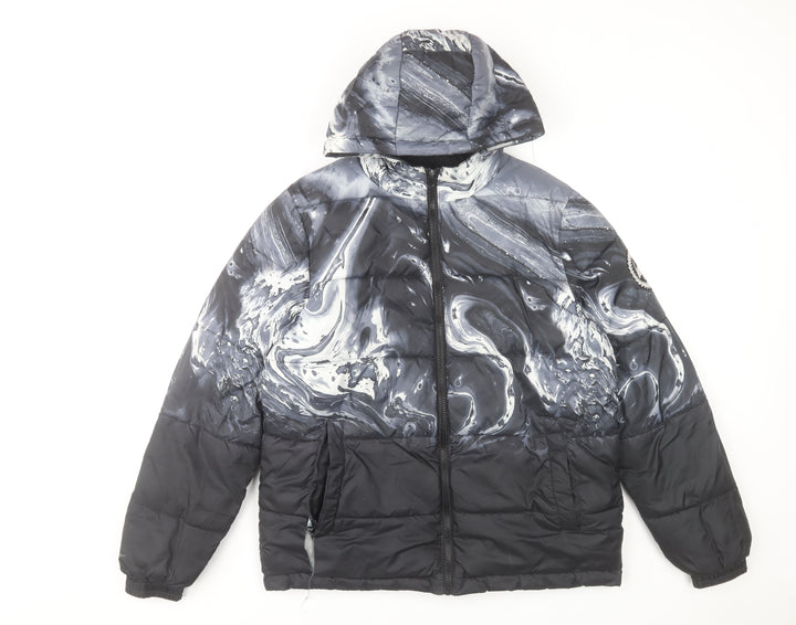 Hype Boys Black Marble Hooded Puffer Jacket 14 Years Winter Polyester