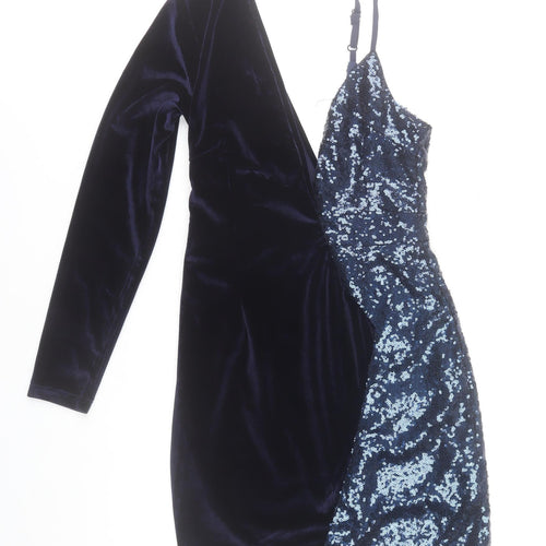 Boohoo Women Blue Size 8 Velvet & Sequin Asymmetric Bodycon Dress