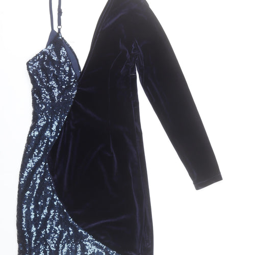 Boohoo Women Blue Size 8 Velvet & Sequin Asymmetric Bodycon Dress
