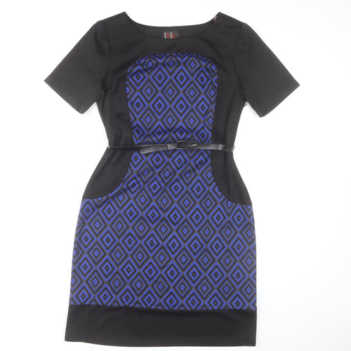 R&K Originals Women's Blue Geometric Sheath Dress Size 10 Short Sleeve Belted