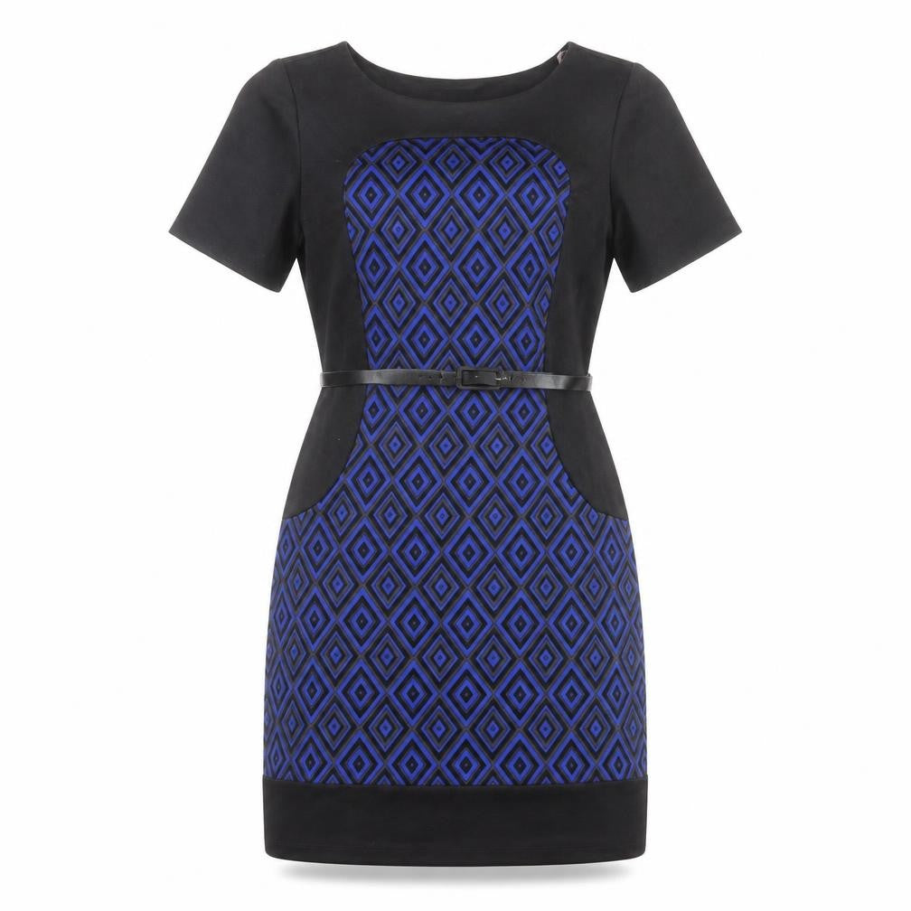 R&K Originals Women's Blue Geometric Sheath Dress Size 10 Short Sleeve Belted