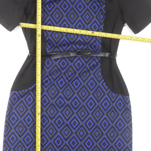 R&K Originals Women's Blue Geometric Sheath Dress Size 10 Short Sleeve Belted