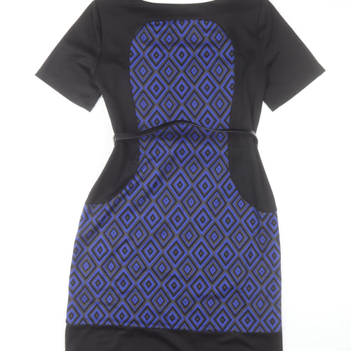 R&K Originals Women's Blue Geometric Sheath Dress Size 10 Short Sleeve Belted