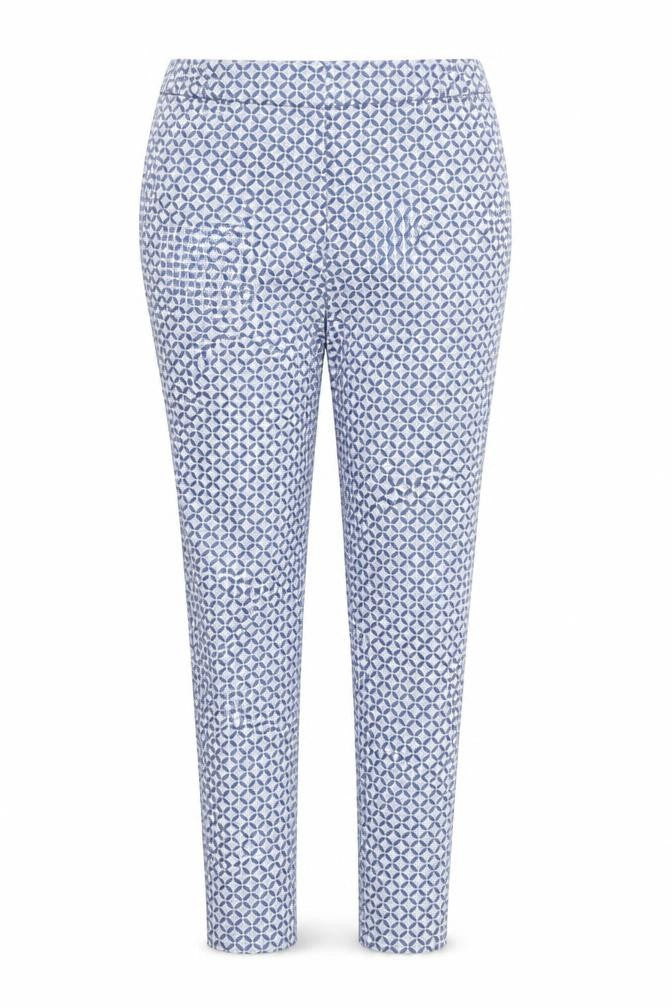 Front view of Dunnes women’s blue geometric stretch cotton trousers, size UK 10