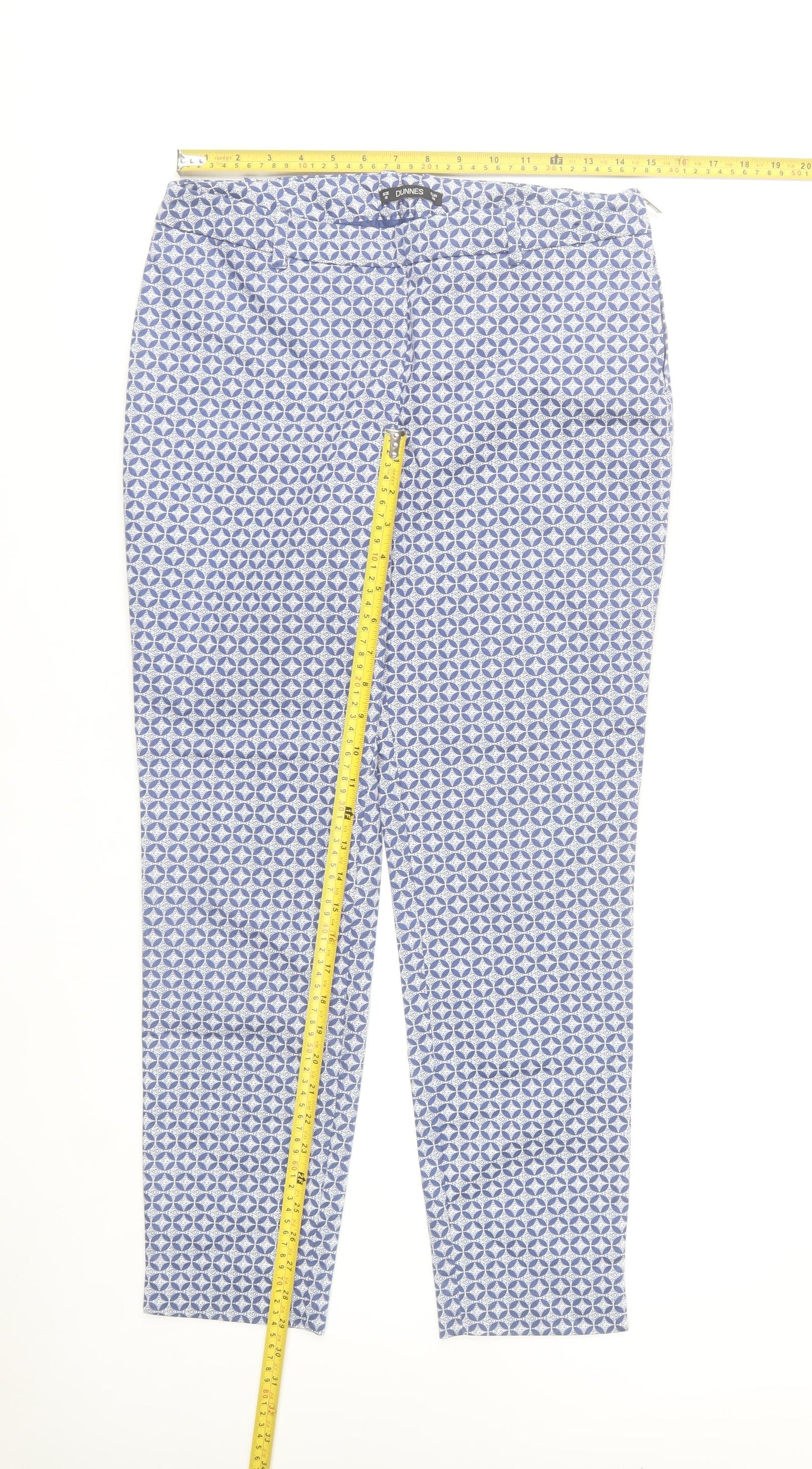 Dunnes Stores Womens Blue Geometric Stretch Cotton Trousers Size 10