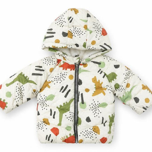Fred & Flo Unisex Baby Beige Dinosaur Puffer Jacket 3-6 Months Hooded Lined