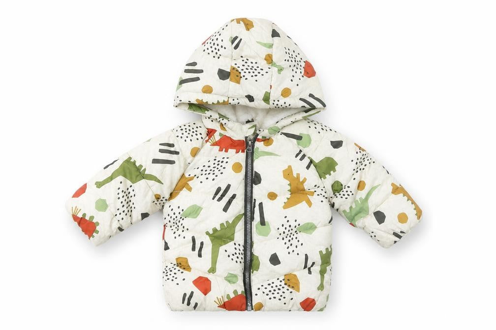 Fred & Flo Unisex Baby Beige Dinosaur Puffer Jacket 3-6 Months Hooded Lined