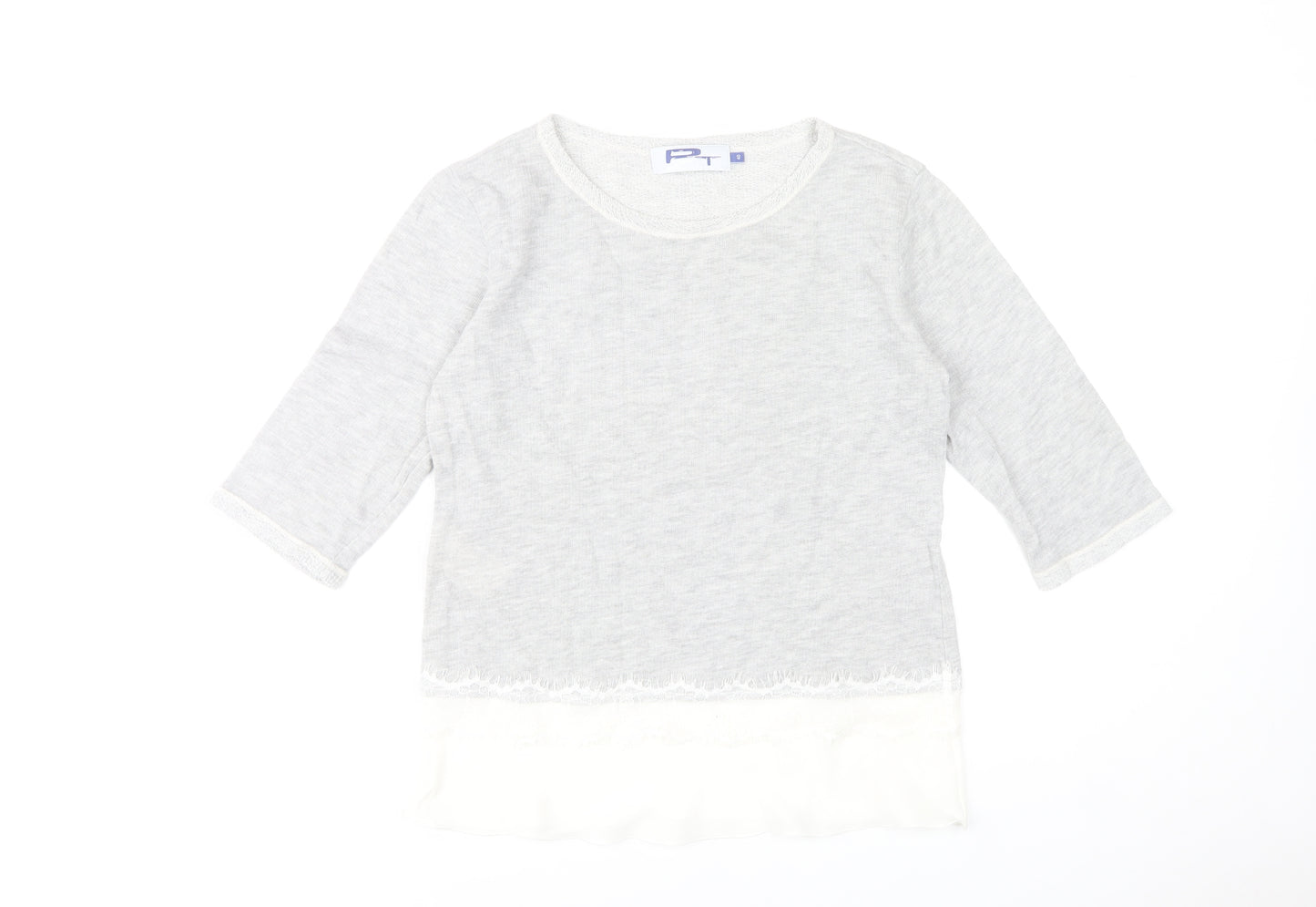 Paz Torras Women’s Grey 3/4 Sleeve Lace Hem Tunic Blouse Size 12