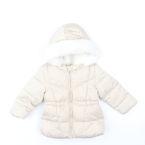 F&F Unisex Baby Beige 12-18 Months Hooded Puffer Coat with Faux Fur Trim