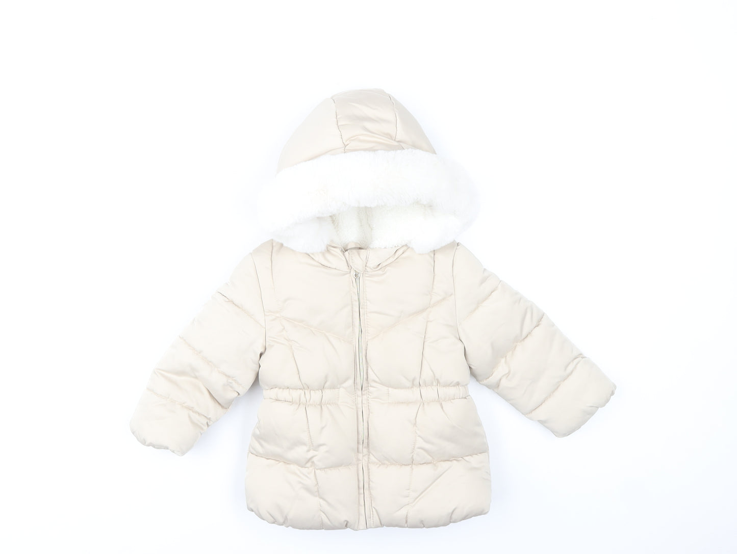F&F Unisex Baby Beige 12-18 Months Hooded Puffer Coat with Faux Fur Trim