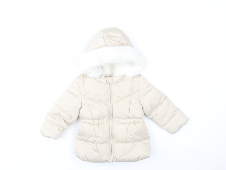F&F Unisex Baby Beige 12-18 Months Hooded Puffer Coat with Faux Fur Trim
