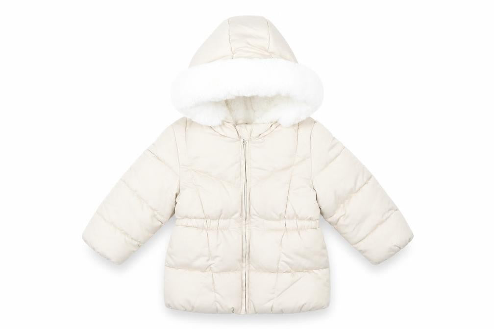 F&F Unisex Baby Beige 12-18 Months Hooded Puffer Coat with Faux Fur Trim
