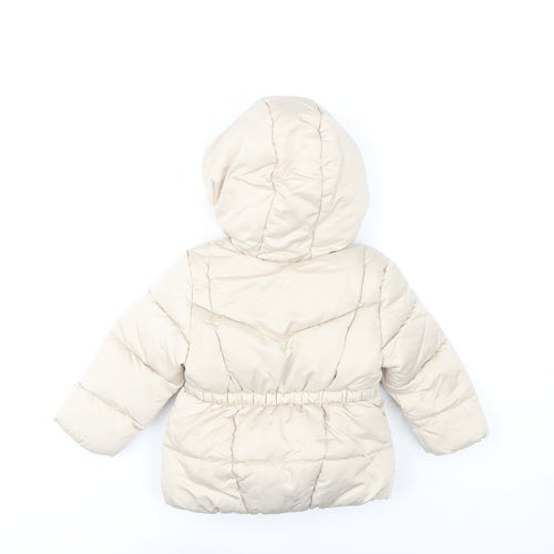 F&F Unisex Baby Beige 12-18 Months Hooded Puffer Coat with Faux Fur Trim